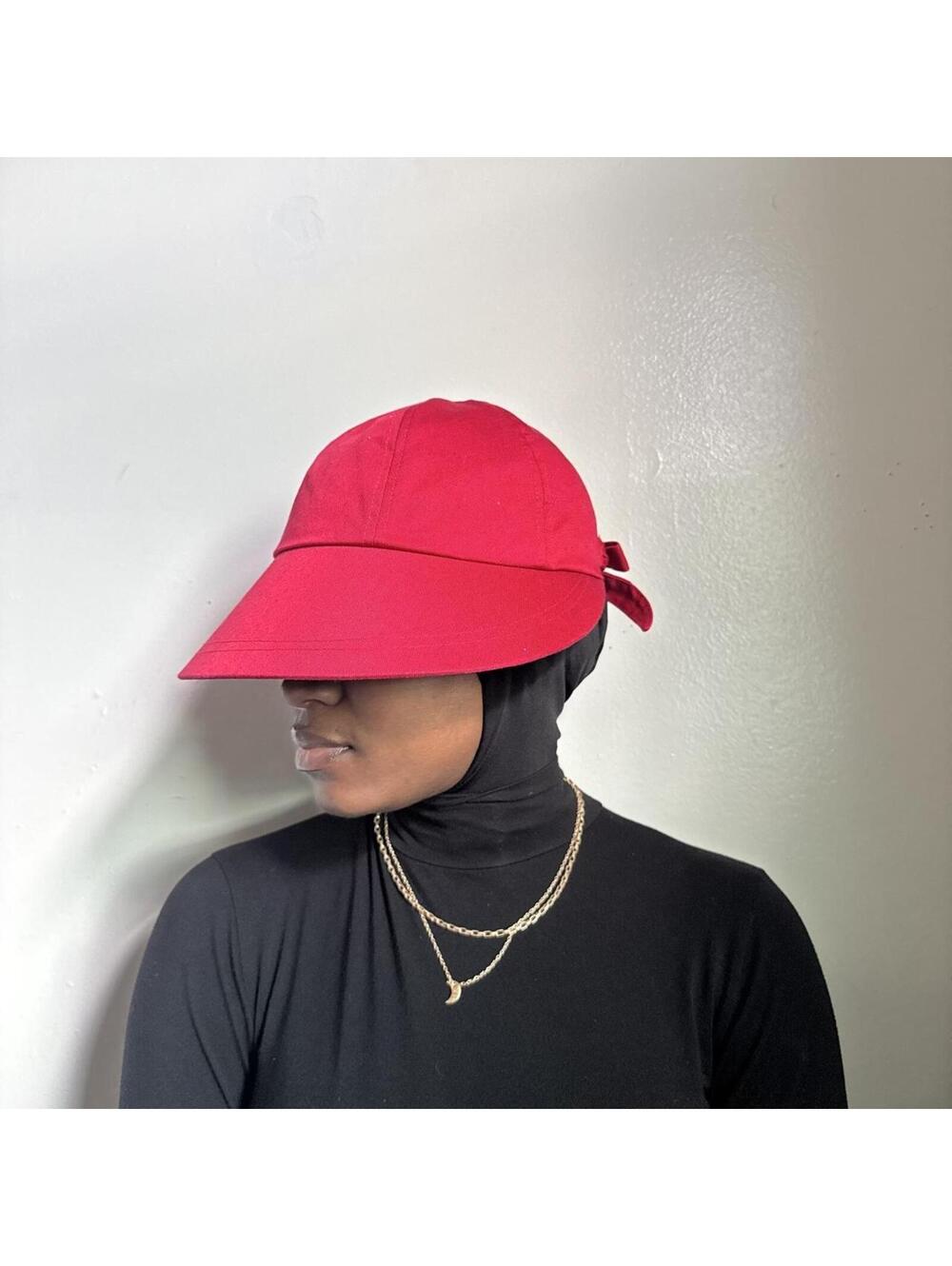 2000s Cherry Red Wide Brim Cotton Bucket Sun Hat Back Bow Fits Like One Size 24" View 3